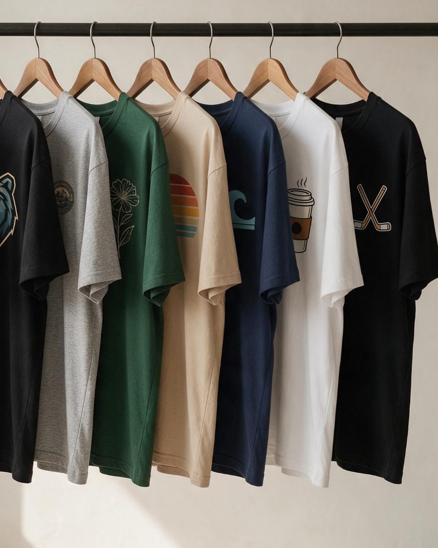 Illustrative product photo: custom printed T-shirts in several colours and designs hanging on a clothing rack