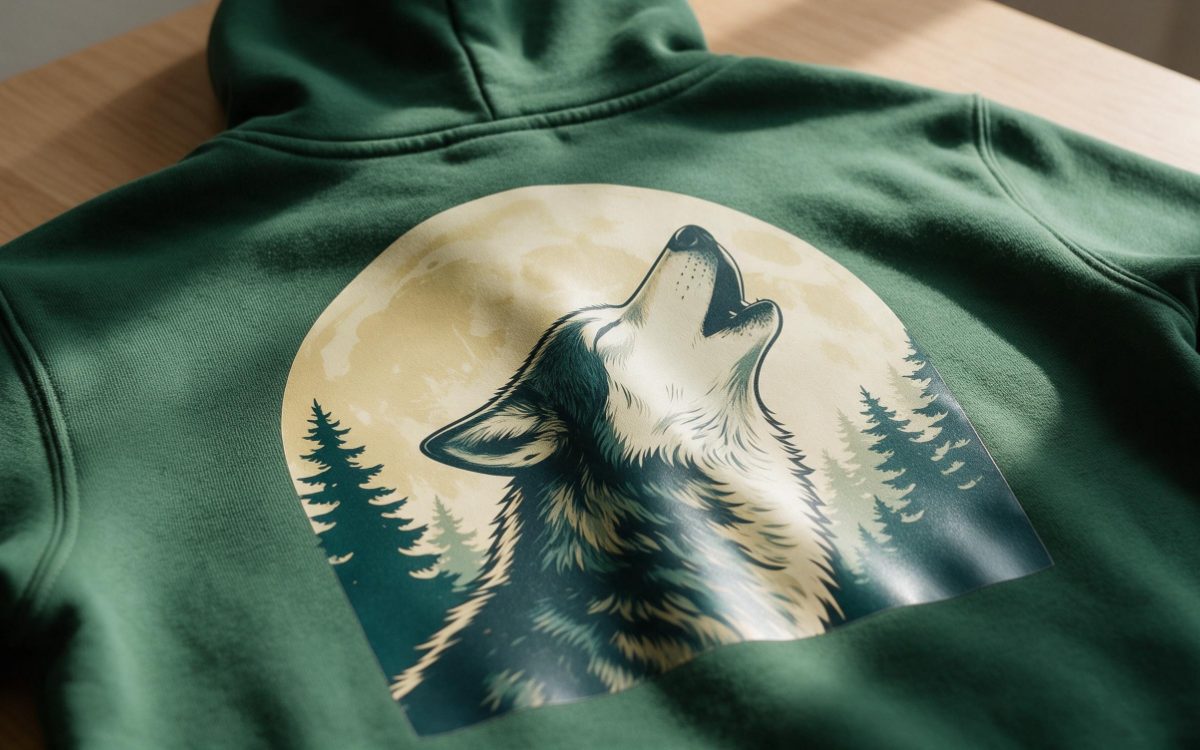 Illustrative product photo: close-up of a full-colour wolf and moon back print on a green hoodie, showing the fleece texture