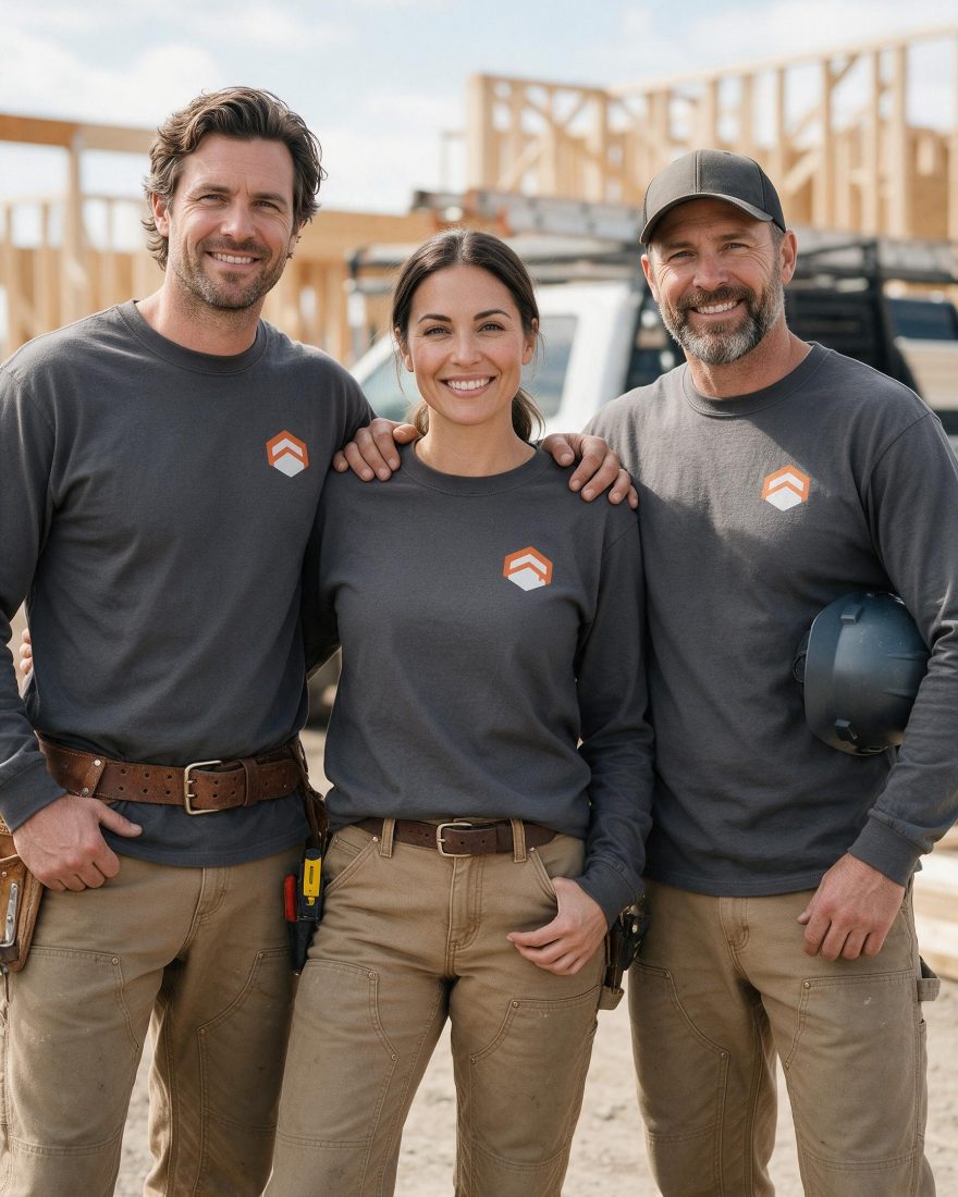 Illustrative photo: a three-person trades crew on a job site in matching long-sleeve work shirts with the same left-chest print
